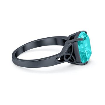 Celtic Engagement Ring Emerald Cut Black Tone, Simulated Paraiba Tourmaline CZ 925 Sterling Silver